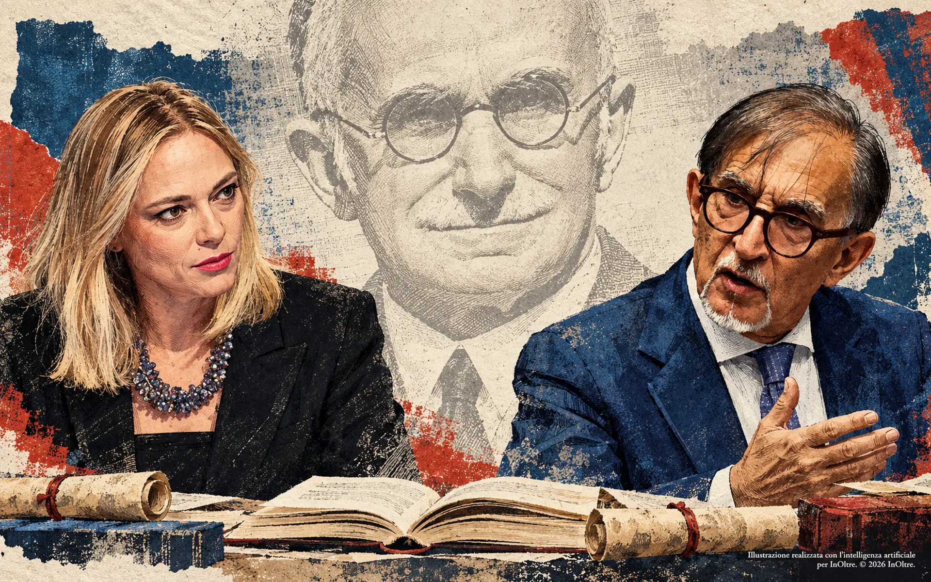 Michela Ponzani e Ignazio La Russa si fronteggiano davanti a libri e pergamene, con un grande ritratto di Luigi Einaudi in filigrana sullo sfondo.