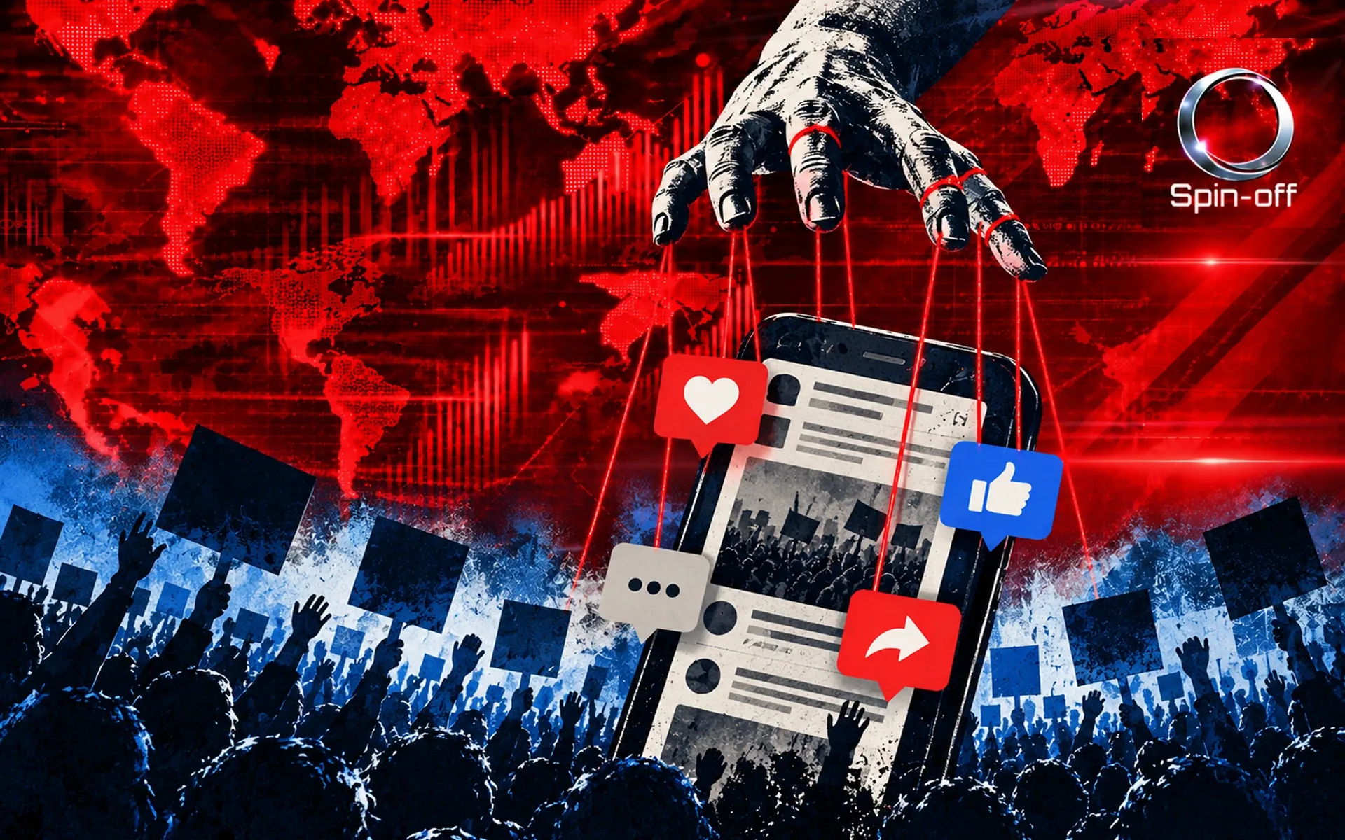 Illustrazione editoriale sul potere degli algoritmi: una mano controlla uno smartphone attraverso fili, mentre una folla si mobilita sullo sfondo di una mappa del mondo e grafici digitali rossi.