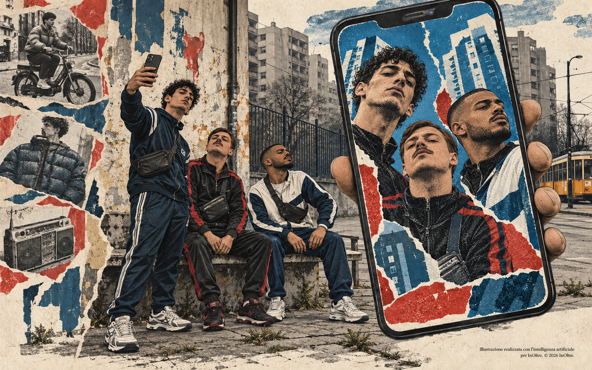 Tre giovani con lineamenti e pettinature diversi si fanno un selfie in una periferia milanese. Un grande smartphone ripropone i loro ritratti, fra ritagli e oggetti degli anni Ottanta.