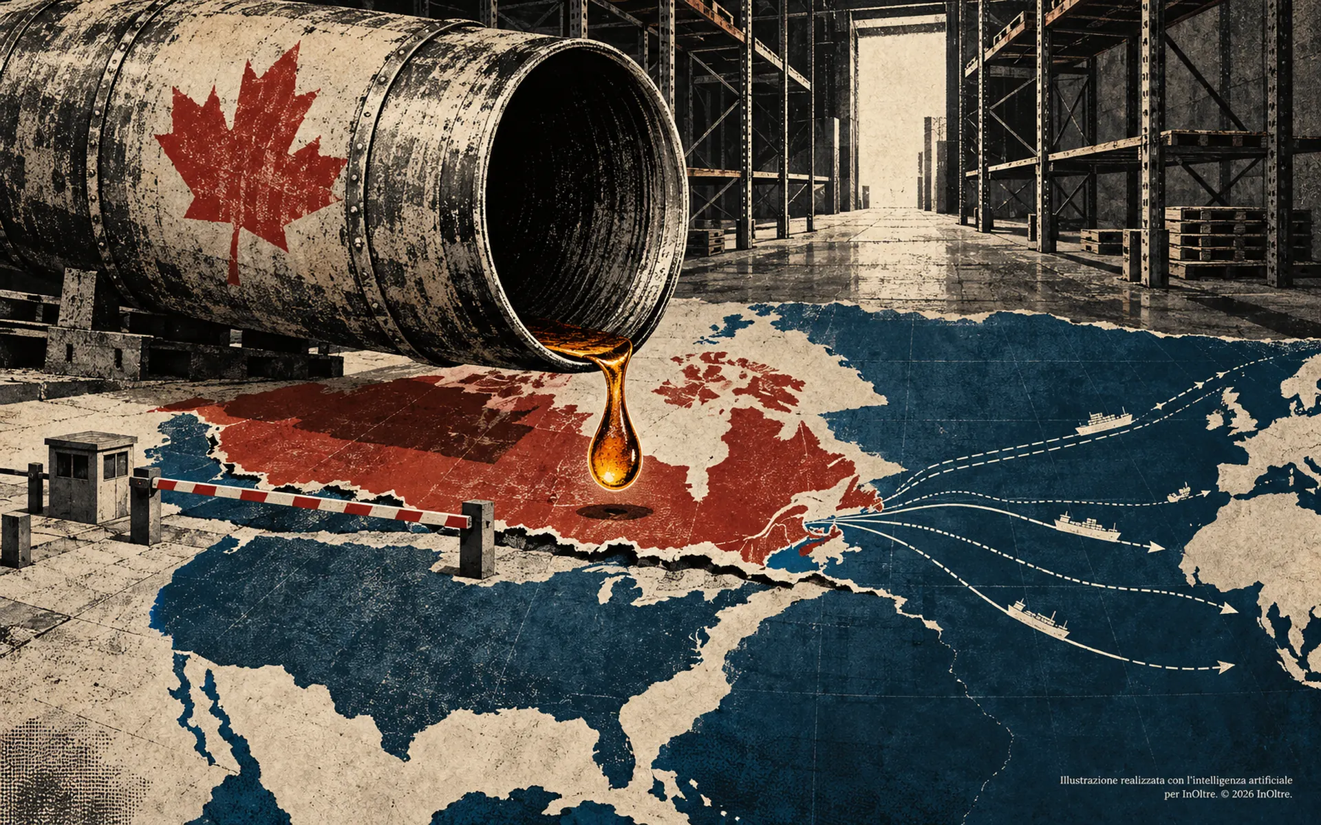 Un barile con una foglia d’acero lascia cadere un’ultima goccia di sciroppo sulla mappa del Canada, tra scaffali vuoti, una barriera doganale e rotte commerciali.