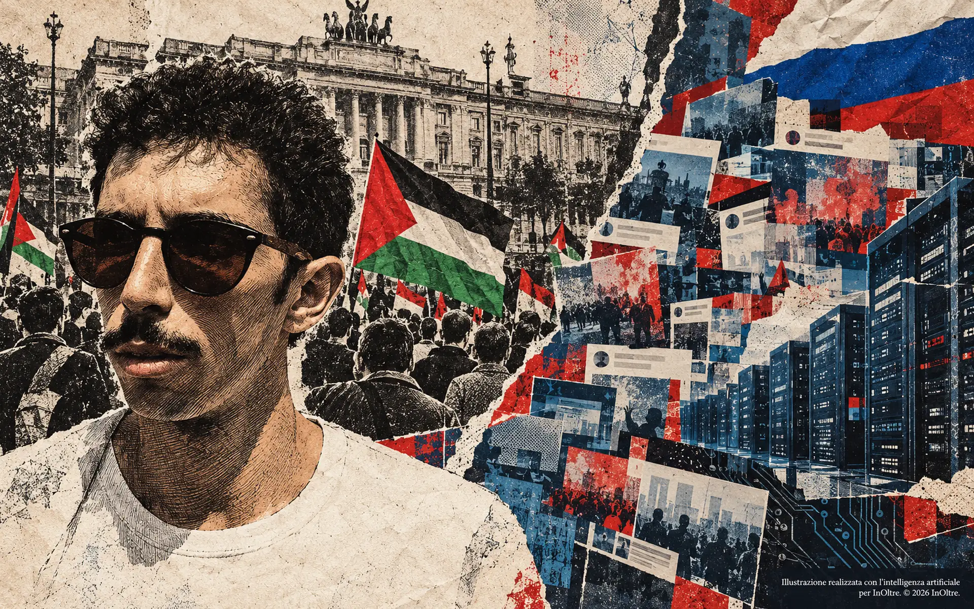 Ritratto illustrato di Youssef Siher accanto a un collage di manifestanti con bandiere palestinesi, schermate social, server e un frammento della bandiera russa.
