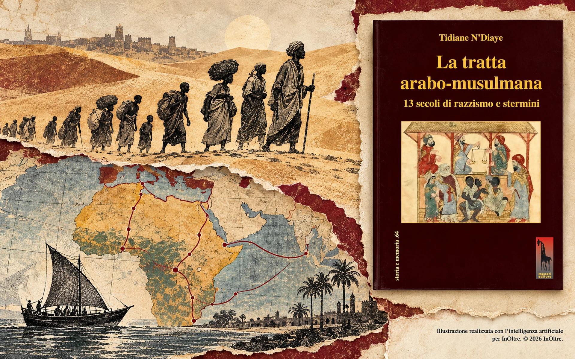 La copertina di “La tratta arabo-musulmana” di Tidiane N’Diaye affianca una carovana nel deserto, una mappa delle rotte e un’imbarcazione a vela.