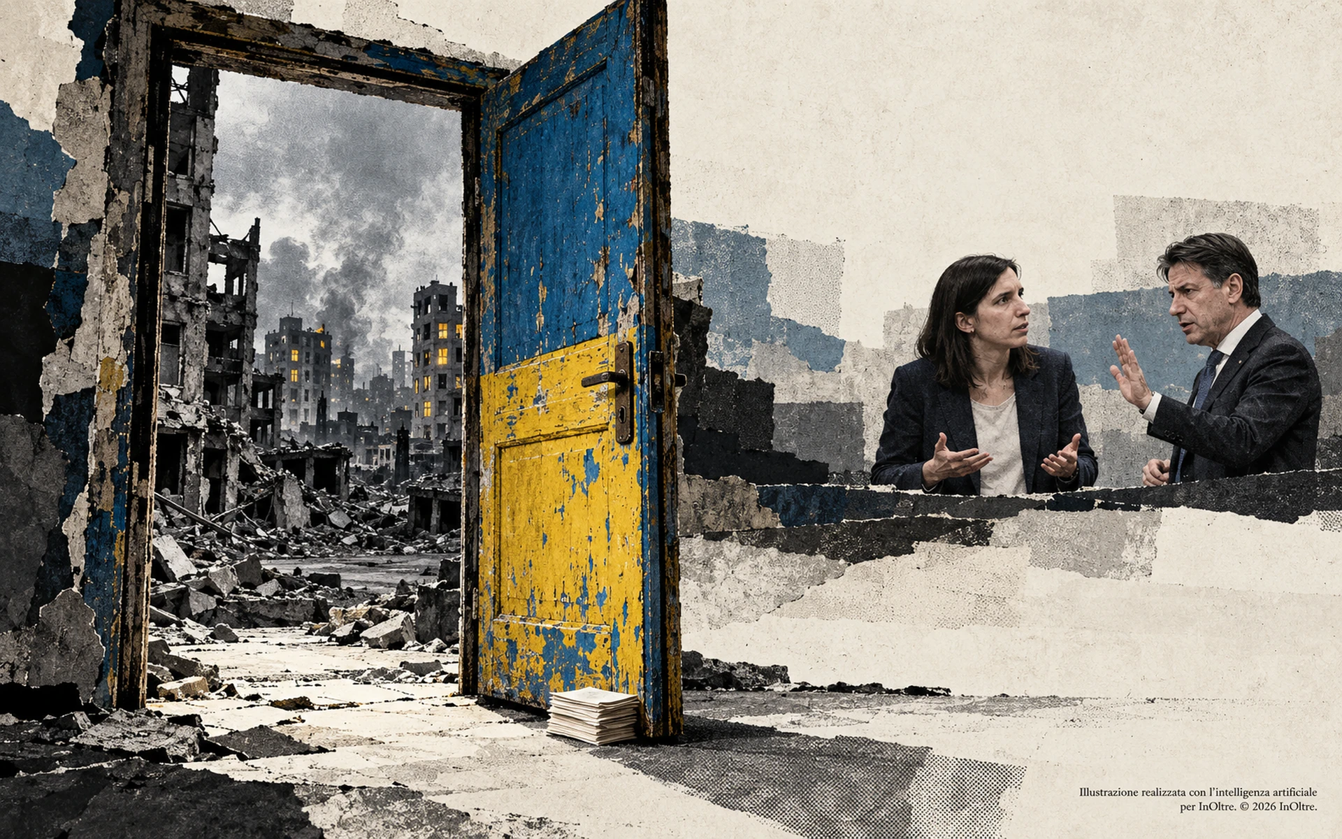 Una porta blu e gialla, fermata da una pila di fogli, si apre su una città in macerie. Sullo sfondo a destra, Elly Schlein e Giuseppe Conte discutono gesticolando.